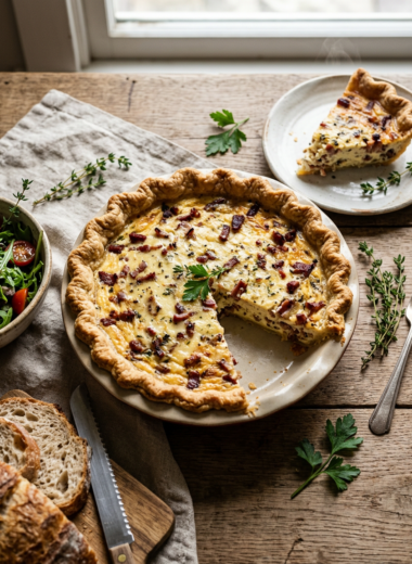 Golden-baked quiche Lorraine with crispy bacon bits in creamy custard filling, classic French recipe
