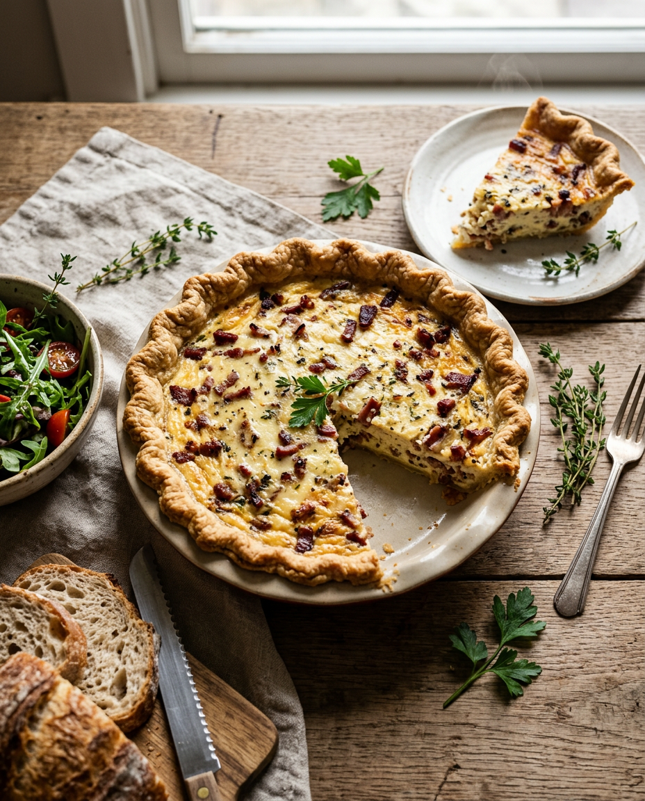 Golden-baked quiche Lorraine with crispy bacon bits in creamy custard filling, classic French recipe