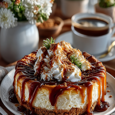 Homemade salted caramel cheesecake with glossy caramel sauce drizzle on white plate, creamy filled dessert