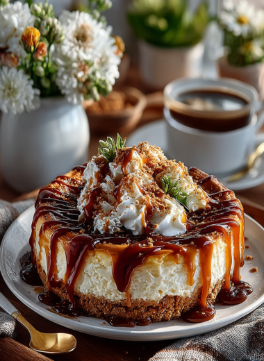 Homemade salted caramel cheesecake with glossy caramel sauce drizzle on white plate, creamy filled dessert