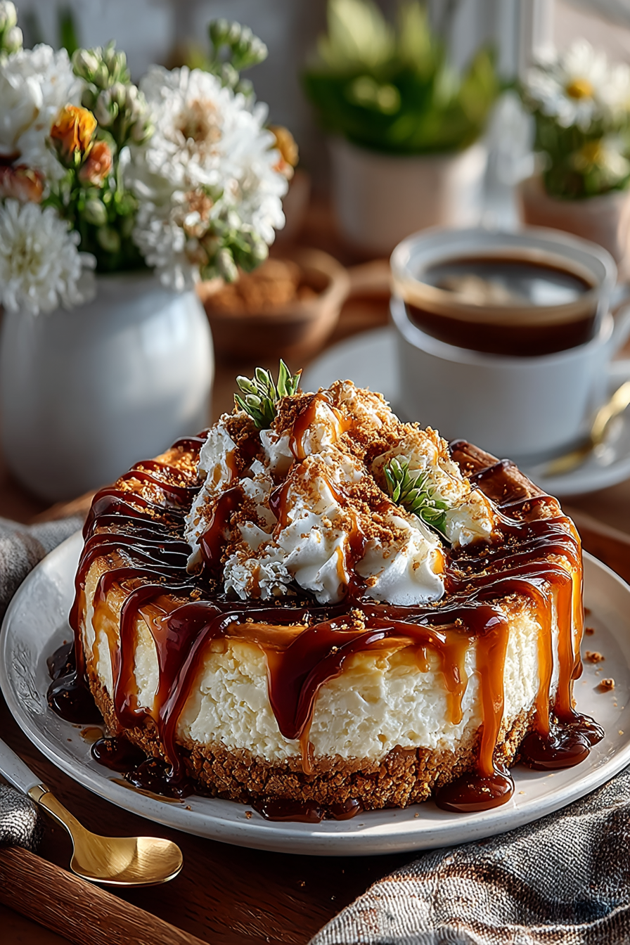 Homemade salted caramel cheesecake with glossy caramel sauce drizzle on white plate, creamy filled dessert