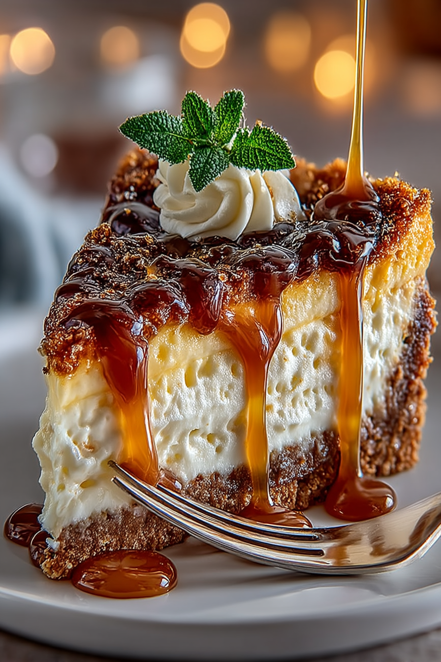 Homemade salted caramel cheesecake with glossy caramel sauce drizzle on white plate, creamy filled dessert