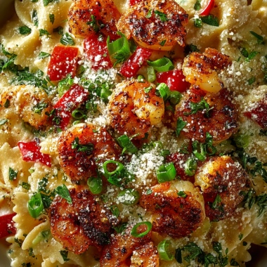 Creamy slow cooker Cajun Alfredo pasta in white bowl with shrimp and fresh parsley garnish