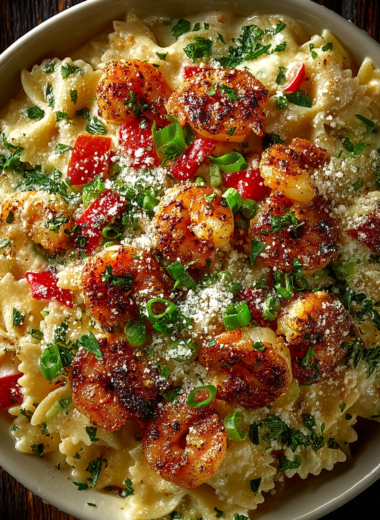 Creamy slow cooker Cajun Alfredo pasta in white bowl with shrimp and fresh parsley garnish