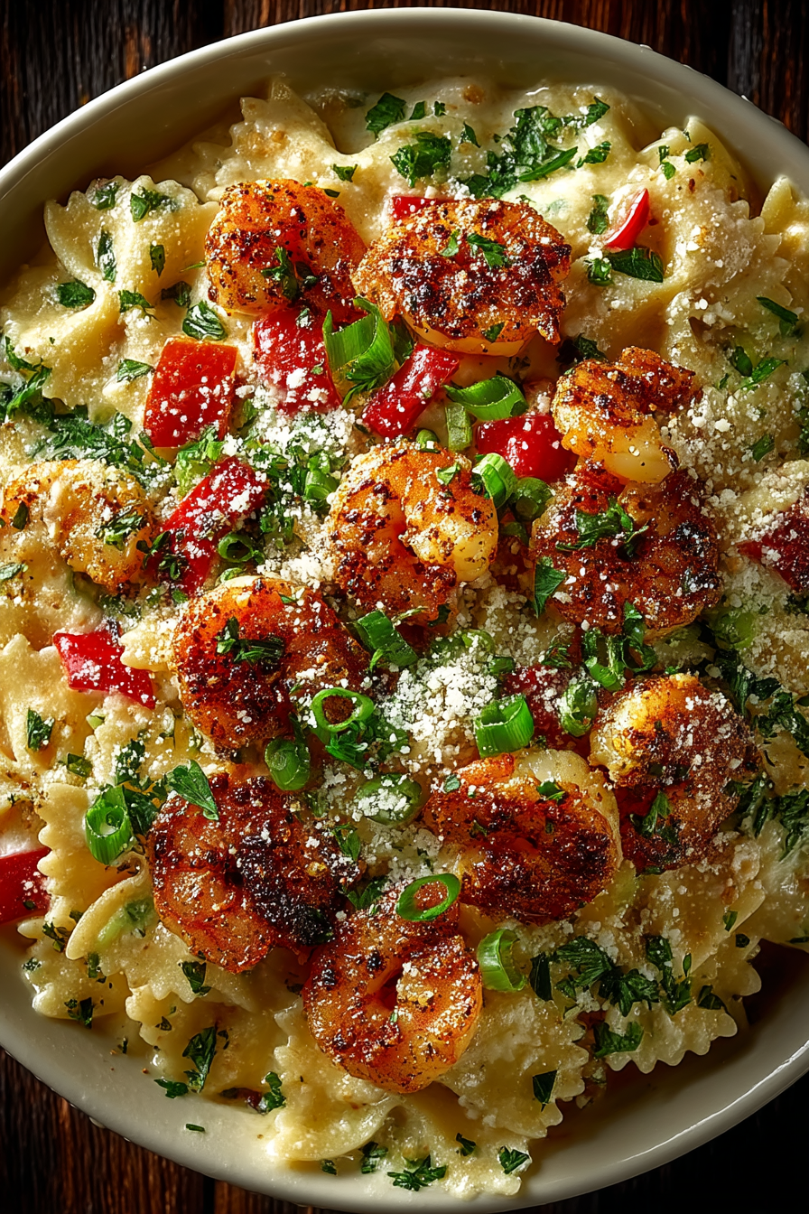 Creamy slow cooker Cajun Alfredo pasta in white bowl with shrimp and fresh parsley garnish