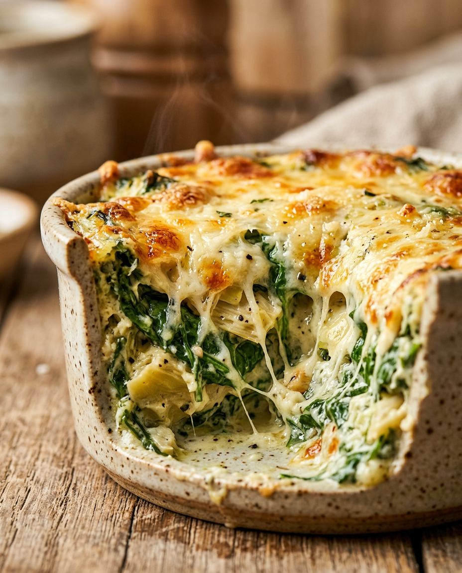 Close-up showing the texture and inside of Spinach Artichoke Dip Recipe