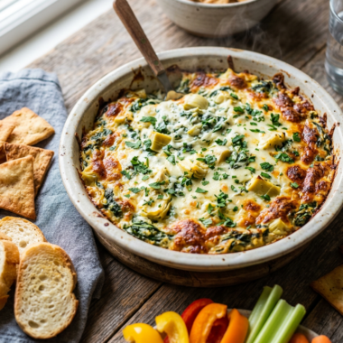 Golden-brown baked spinach artichoke dip garnished with parsley in ceramic dish with crackers and vegetables