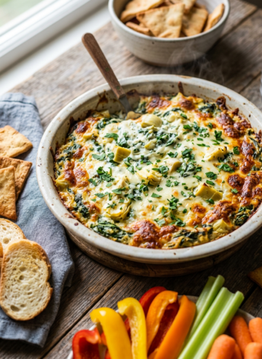 Golden-brown baked spinach artichoke dip garnished with parsley in ceramic dish with crackers and vegetables