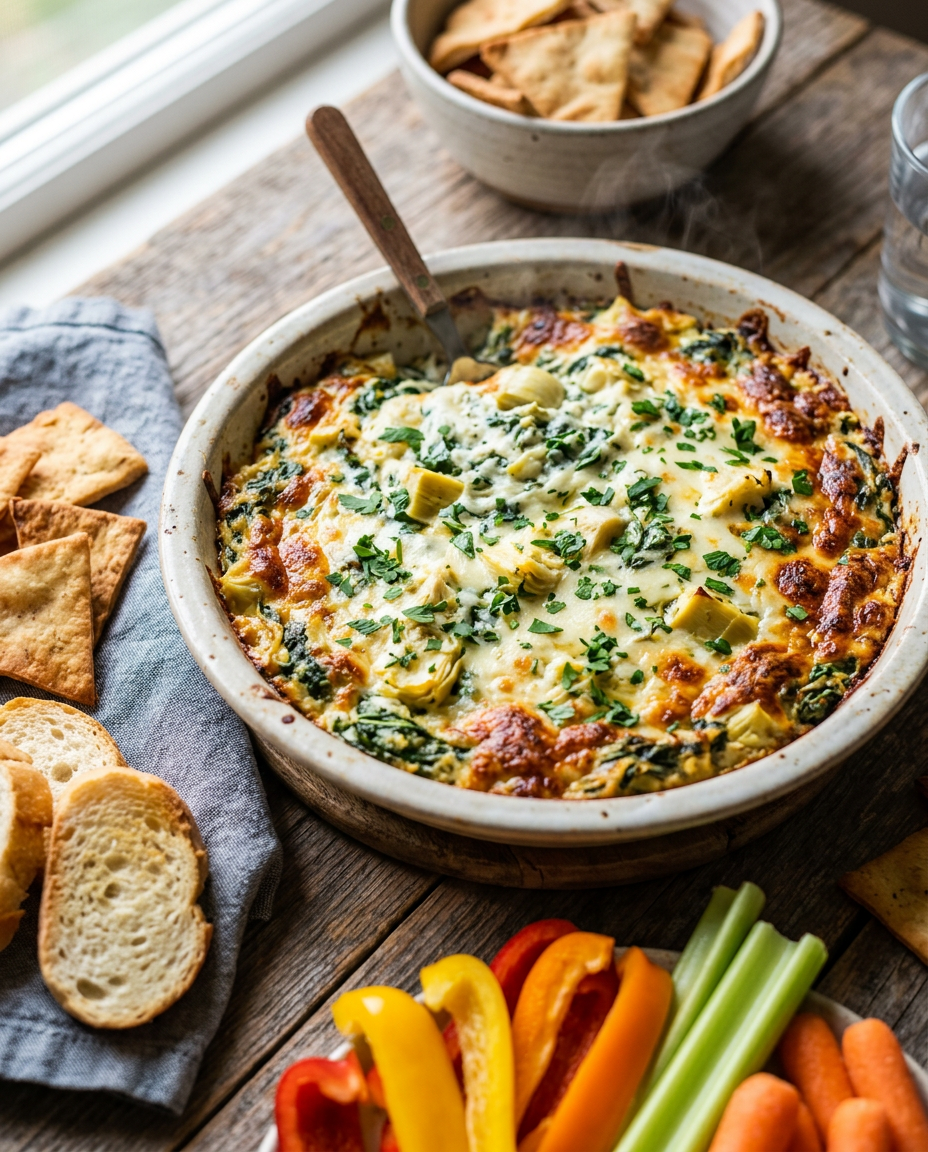 Golden-brown baked spinach artichoke dip garnished with parsley in ceramic dish with crackers and vegetables