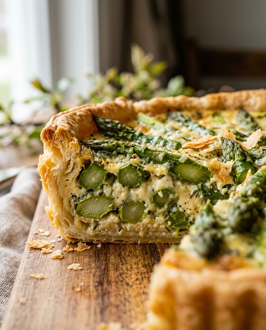 Close-up showing the texture and inside of Spring Asparagus Tart Recipe
