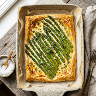 Golden baked spring asparagus tart with charred green spears on crispy puff pastry