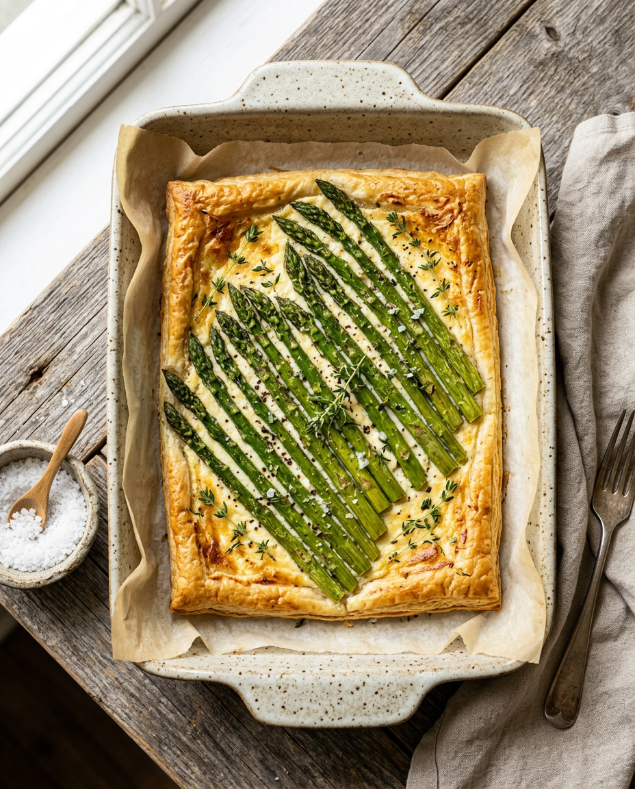 Golden baked spring asparagus tart with charred green spears on crispy puff pastry