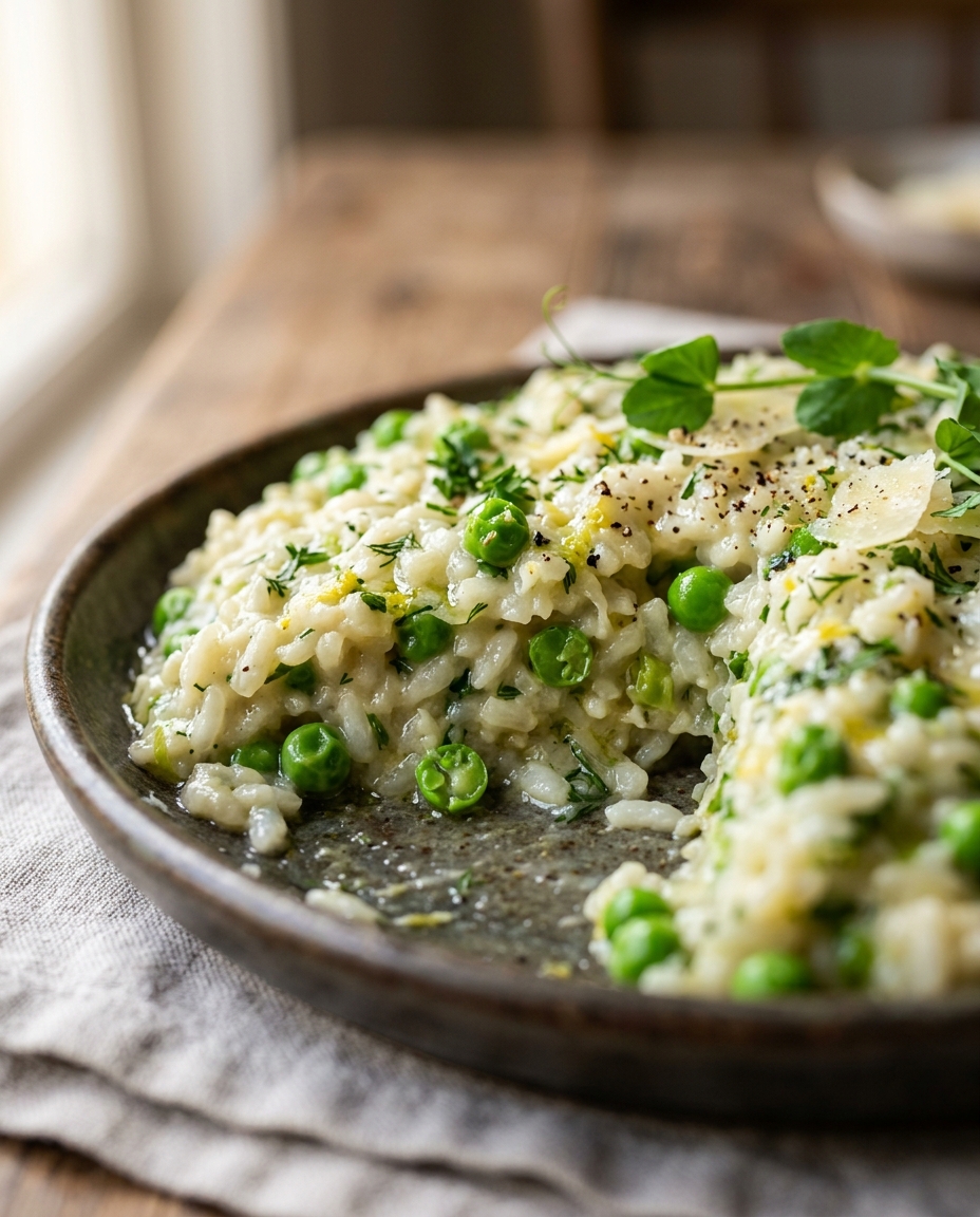 Close-up showing the texture and inside of Spring Pea Risotto Recipe