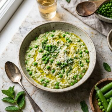 Spring pea risotto in a white bowl garnished with fresh mint, showing creamy arborio rice and bright green peas