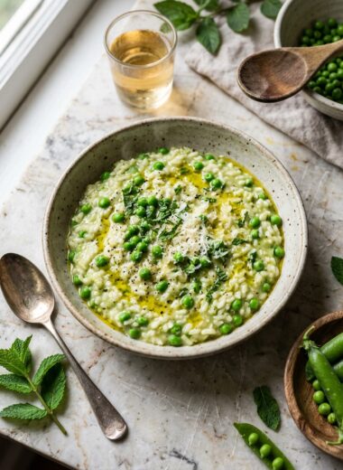 Spring pea risotto in a white bowl garnished with fresh mint, showing creamy arborio rice and bright green peas