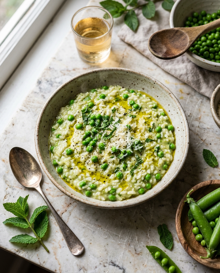 Spring pea risotto in a white bowl garnished with fresh mint, showing creamy arborio rice and bright green peas