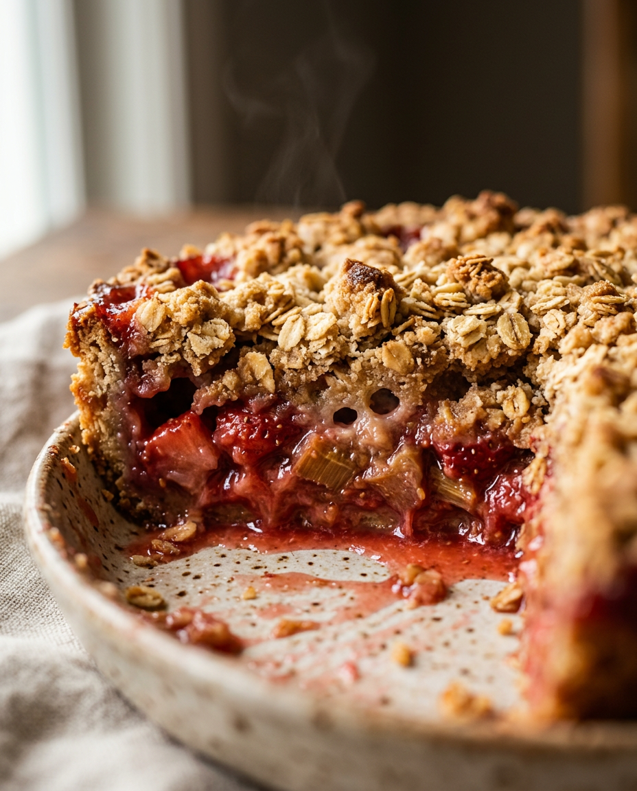 Close-up showing the texture and inside of Strawberry Rhubarb Crisp Recipe