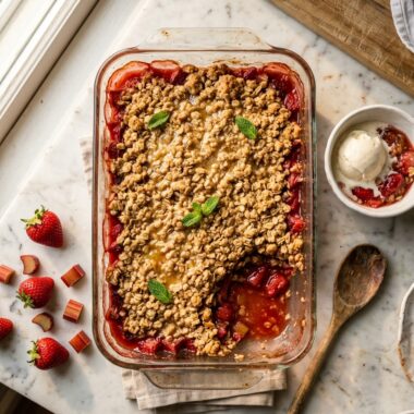 Warm strawberry rhubarb crisp in baking dish with golden oat topping and vanilla ice cream