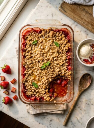 Warm strawberry rhubarb crisp in baking dish with golden oat topping and vanilla ice cream