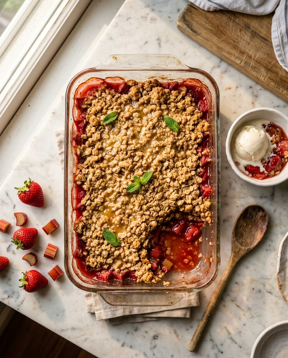 Warm strawberry rhubarb crisp in baking dish with golden oat topping and vanilla ice cream