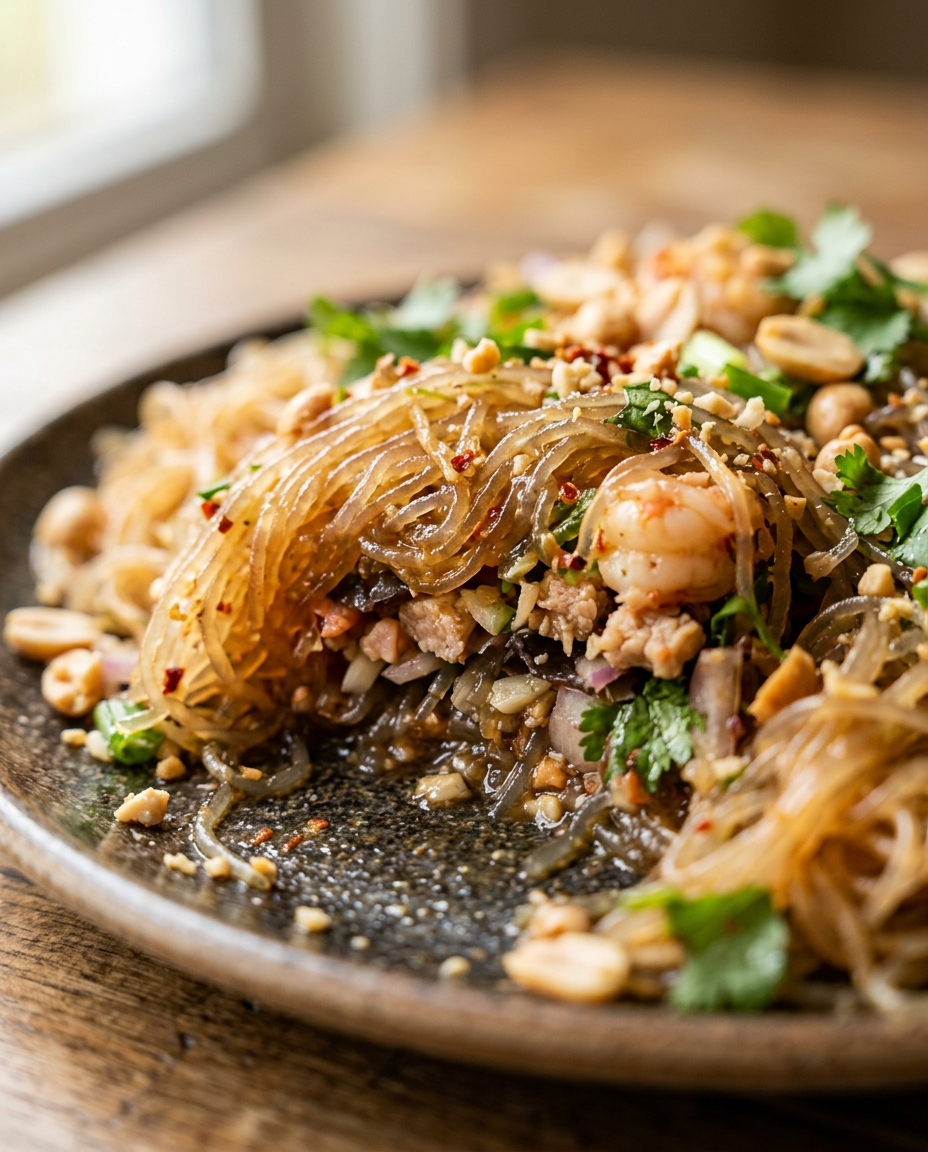 Close-up showing the texture and inside of Authentic Thai Glass Noodles Recipe with Fresh Vegetables and Savory Sauce