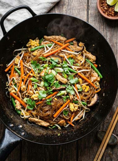 Authentic Thai glass noodles stir-fried with vegetables in wok, translucent mung bean noodles glistening with sauce