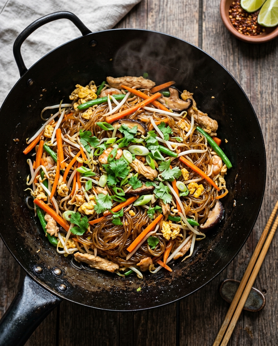 Authentic Thai glass noodles stir-fried with vegetables in wok, translucent mung bean noodles glistening with sauce